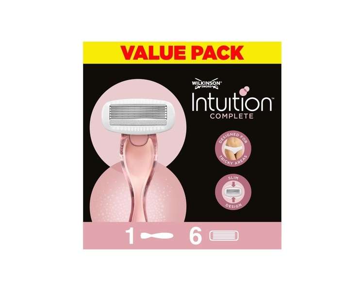 Wilkinson Sword Intuition Complete For Women Skin Protect Gel with Smooth Glide Razor Handle + 6 Razor Blades Refills 7 Piece Set