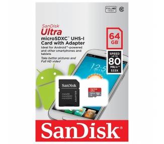 Tarjeta Micro Sd Sandisk 64Gb, 80 Mb/S, Class 10, Con Adaptador