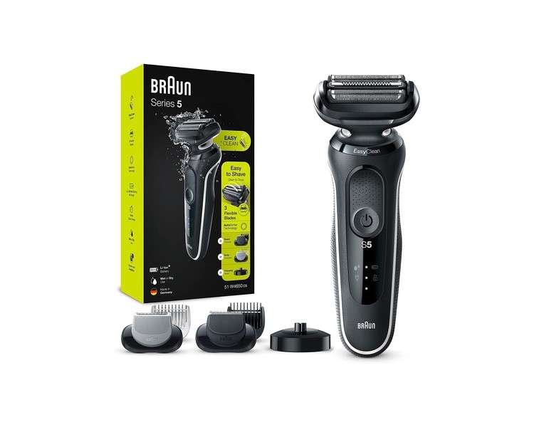 Braun Series 5 Men's Shaver with 2 EasyClick Attachments, Electric Shaver / Beard Trimmer / BodyGroomer, Charging Station, EasyClean, Wet & Dry, Rechargeable & Cordless, Father's Day Gift, 51-W4650cs, White