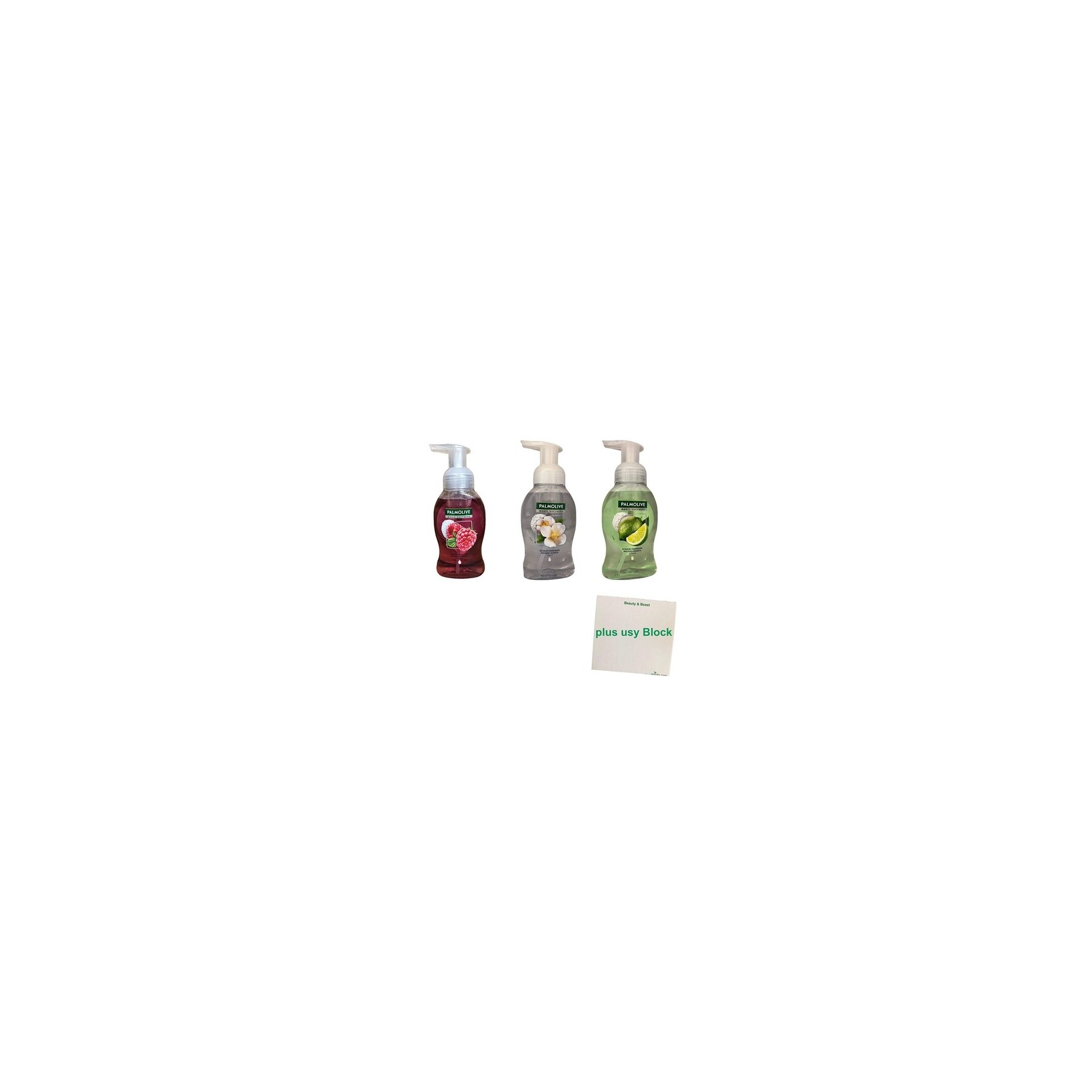 Palmolive Magic Softness Foam Hand Soap Test Pack Raspberry Jasmine Lime 250ml Each with Busy Block