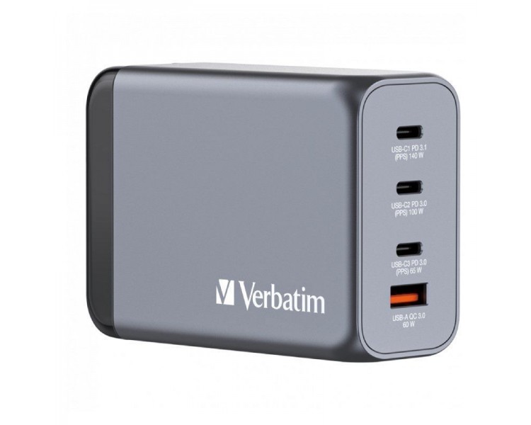 pbCarga de 240 W 4 en 1 bbrEl cargador de pared GaN de 240 W de Verbatim combina un puerto USB C PD de 140 W un puerto USB C PD
