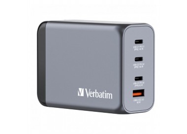 pbCarga de 240 W 4 en 1 bbrEl cargador de pared GaN de 240 W de Verbatim combina un puerto USB C PD de 140 W un puerto USB C PD