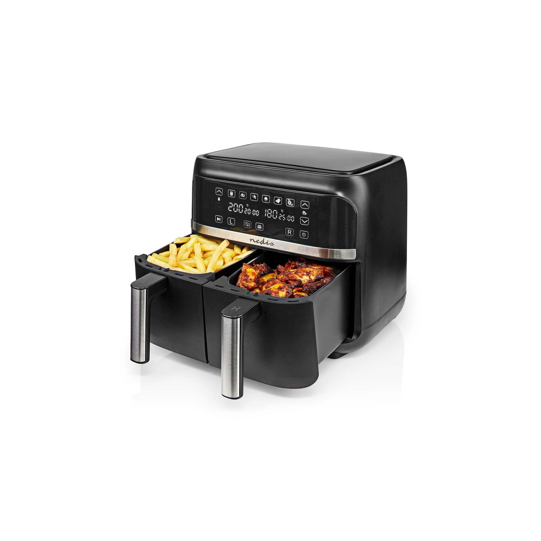 NEDIS FREIDORA DE AIRE CALIENTE | 2X3.8 L | MINUTERO: 60 MIN | DIGITAL | NEGRO
