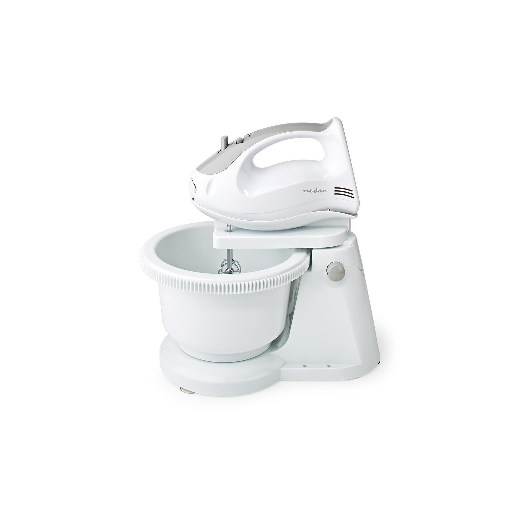 NEDIS BATIDORA MEZCLADORA BOL GIRATORIO 2LT | 200 W | 5 AJUSTES VELOCIDAD| FUNCION TURBO BLANCO/GRIS