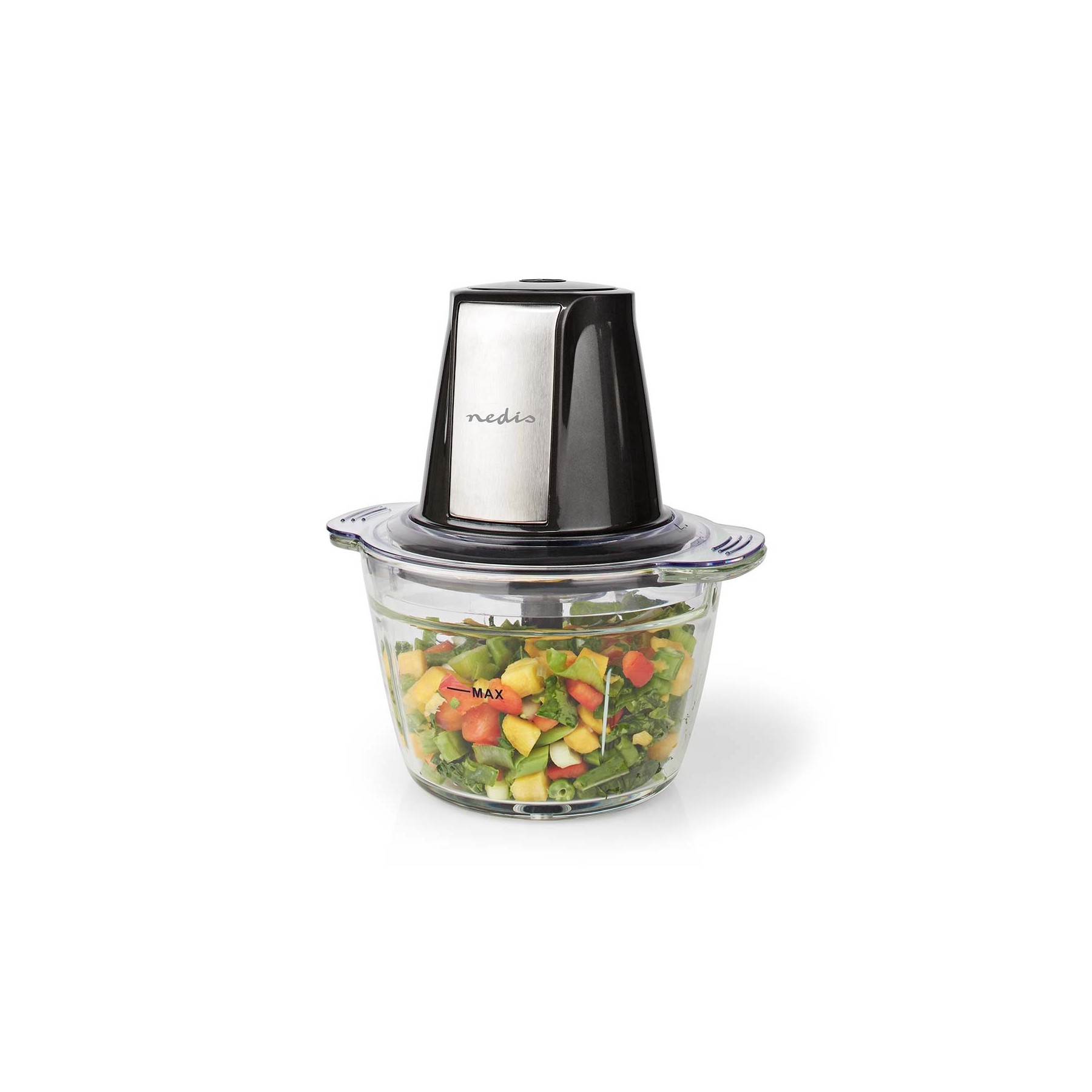 NEDIS PICADORA DE ALIMENTOS | 500 W | 1 L | CRISTAL | 1 AJUSTE DE VELOCIDAD | NEGRO / PLATA