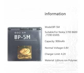 Battery For Nokia 6500 Slide , Part Number: BP-5M