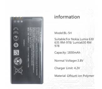 Bateria Original Nokia Bl-5H Para Lumia 630 635 636 638, 1830Mah, Bl5H