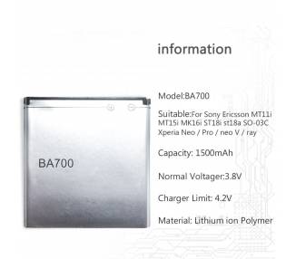 Battery For Sony Xperia Neo V , Part Number: BA700