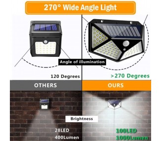 100 Led Solar Luz De Pared Impermeable Sensor De Movimiento Lámpara Exterior
