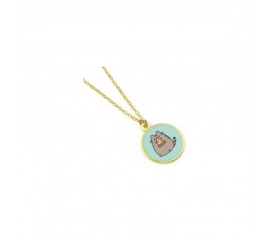 Collar Dorado Con Abalorio Redondo Azul De Pusheen Con Pizza