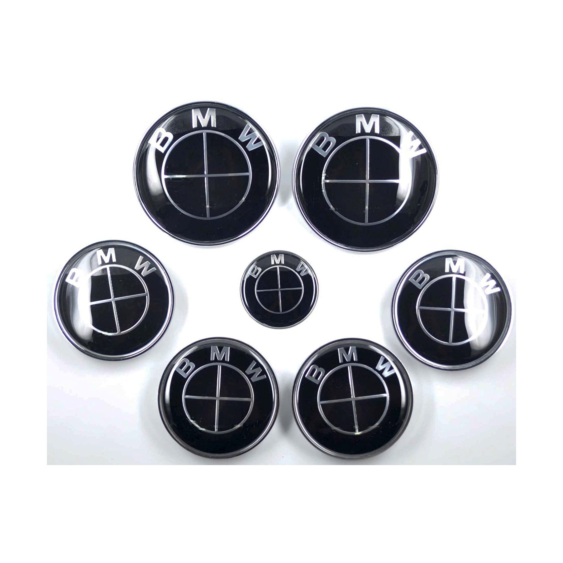 KIT 7 INSIGNIAS BMW / LOGO FULL Black / Bonnet + Trunk + Wheels + Steering wheel