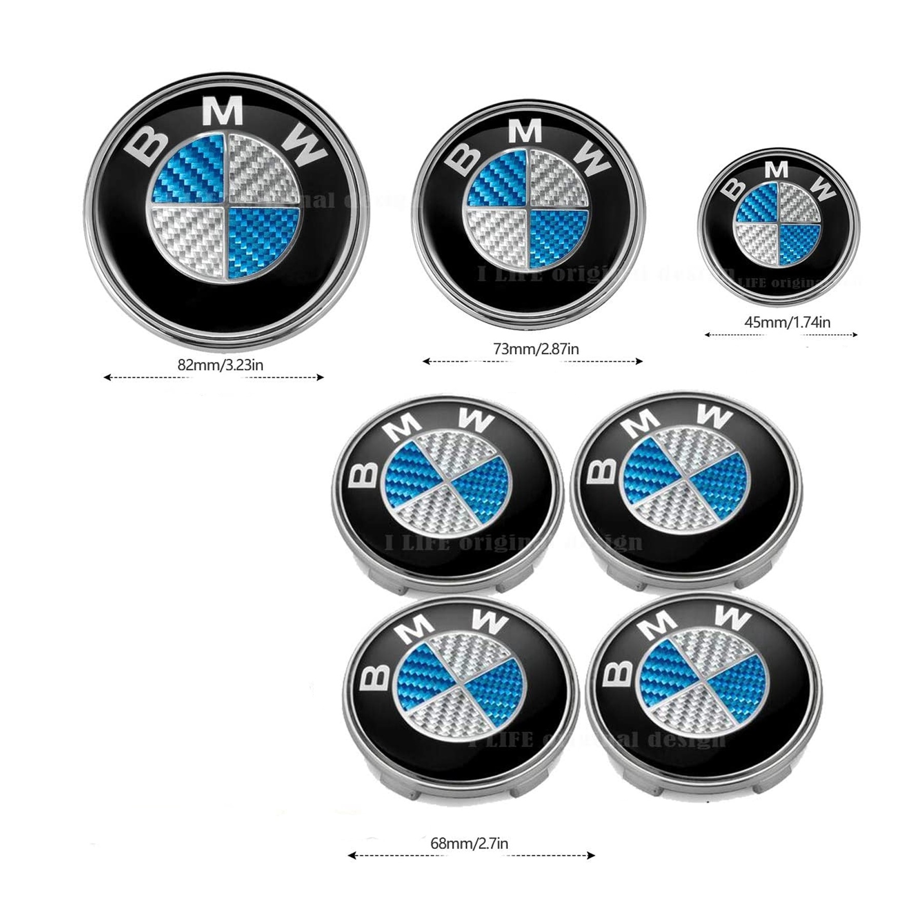 Kit 7 Insignias Compatibles Bmw Carbono Azul Blanco Capo Maletero Ruegas Volante