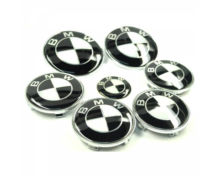 KIT 7 INSIGNIAS BMW / LOGO Black and White / Bonnet + Trunk + Wheels + Steering wheel