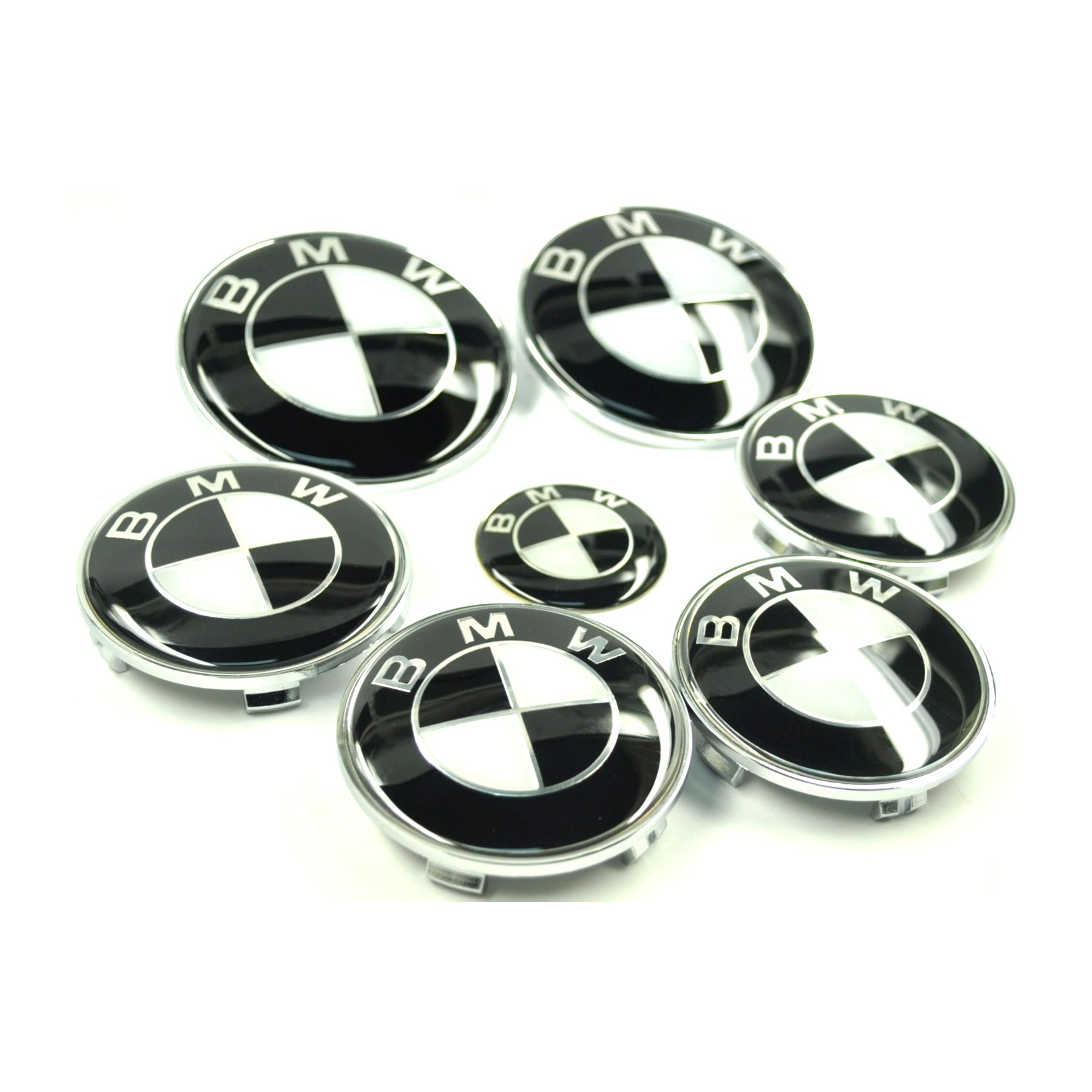 KIT 7 INSIGNIAS BMW / LOGO Black and White / Bonnet + Trunk + Wheels + Steering wheel