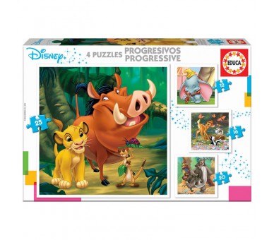 Puzzle Progresivo Dumbo + Bambi + El Rey Leon + El Libro de la Selva Animals Disney 12-16-20-25pzs