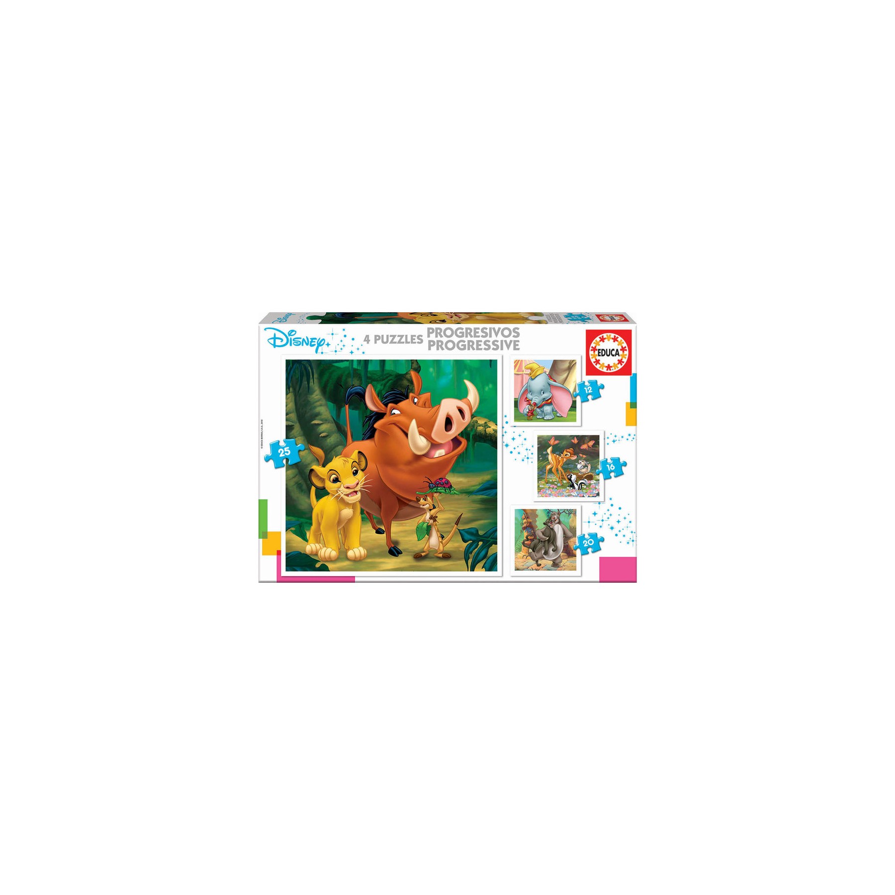 Puzzle Progresivo Dumbo + Bambi + El Rey Leon + El Libro de la Selva Animals Disney 12-16-20-25pzs