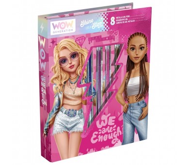 Cuaderno para colorear + 8 Boligrafos de gel metalicos Wow Generation