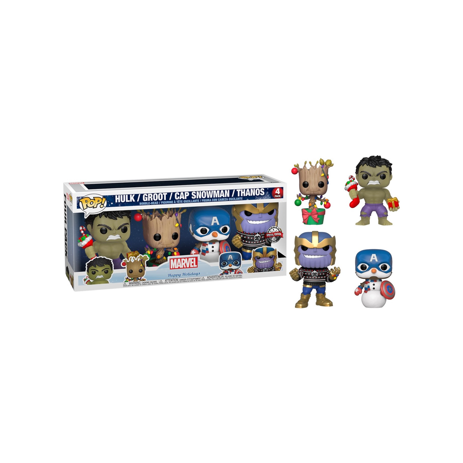 FUNKO POP! MARVEL HAPPY HOLIDAYS PACK 4 (HULK/GROOT/CAP SNOWMAN/THANOS)