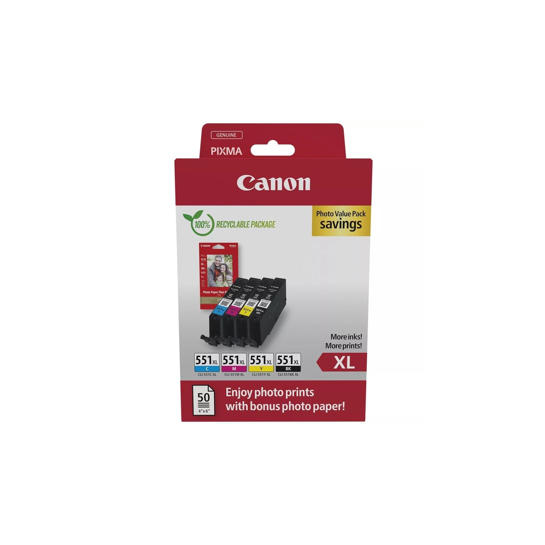 Multipack Canon Cli - 551Xl B - C - M - Y + 50 Hojas Papel F