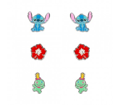 Set 3 Pares de pendientes Stitch Disney plata