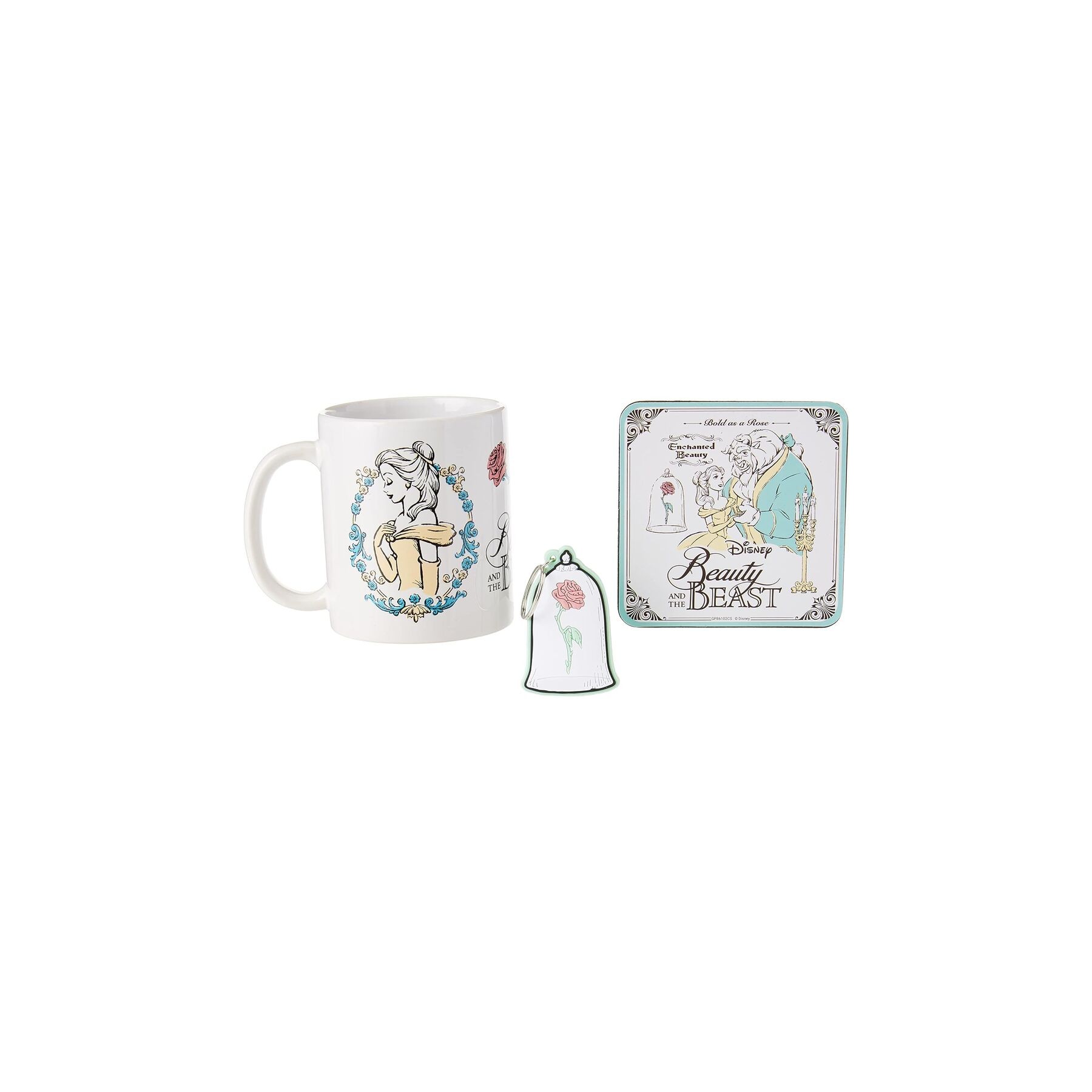 Set Taza + llavero + posavasos La Bella y la Bestia Disney