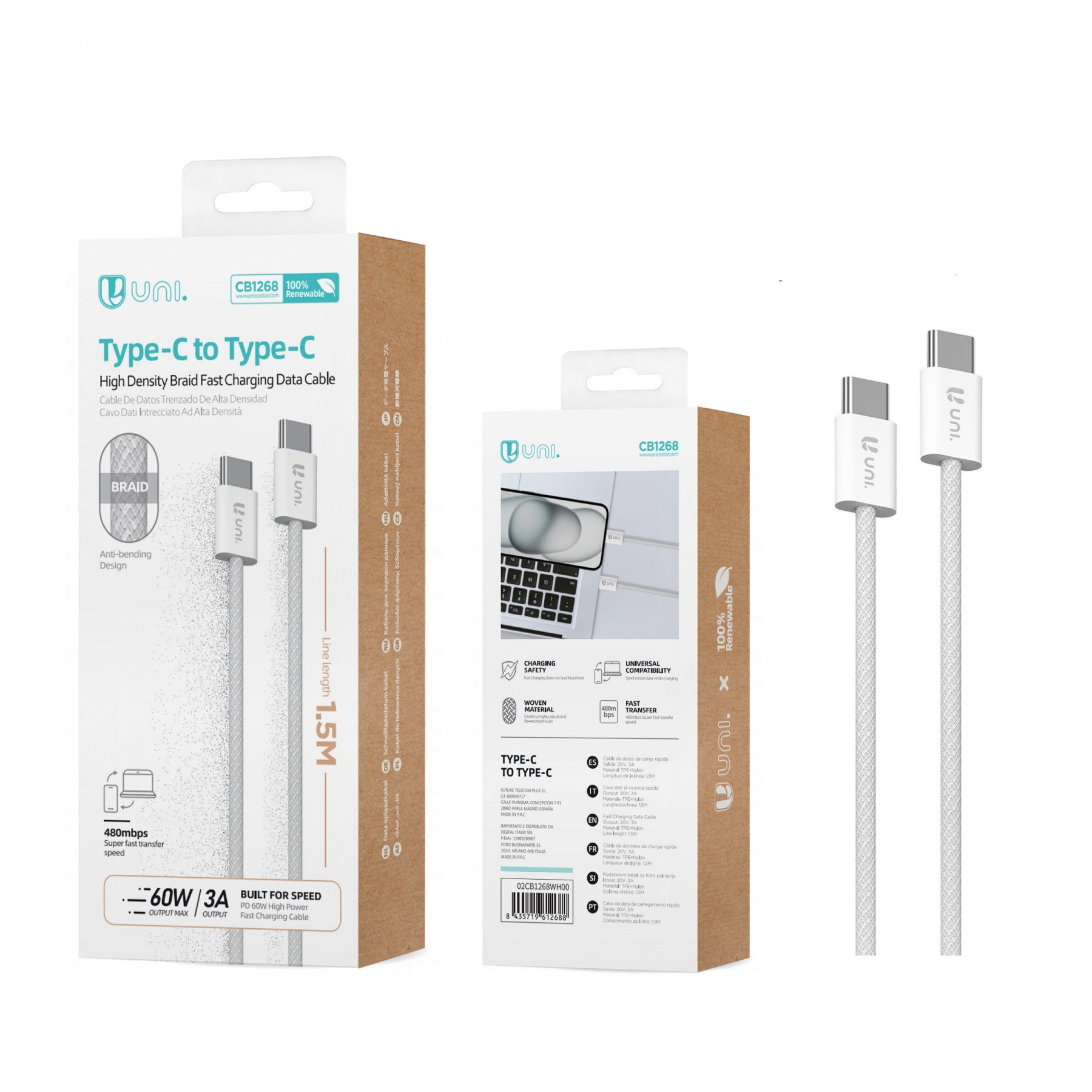 Cable Usb Tipo C A Tipo C 60W 3A 1,5M Varios