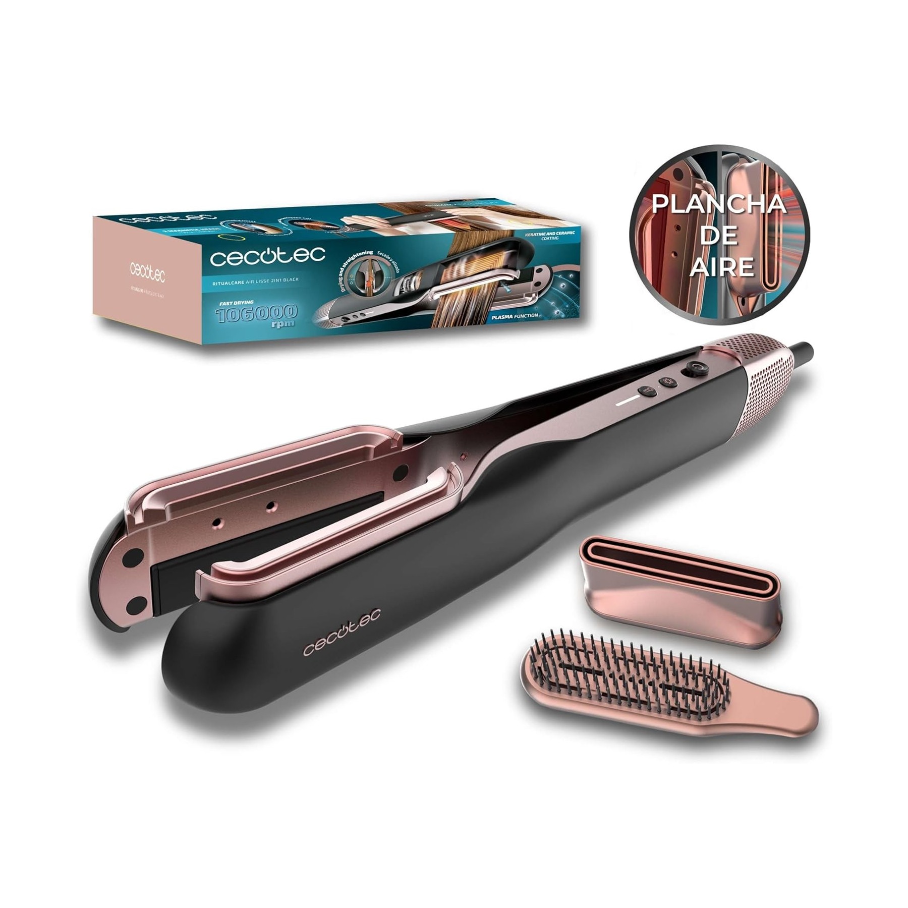 Plancha de Pelo Cecotec RitualCare Air&Straight 2in1 Black