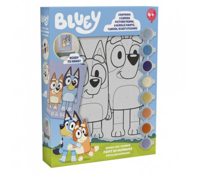 Pinta con numeros en lienzo + acuarelas Bluey