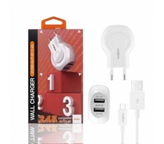 Cargador Red Moxom HC-01 Doble USB Auto ID 2.4A & Cable Tipo C